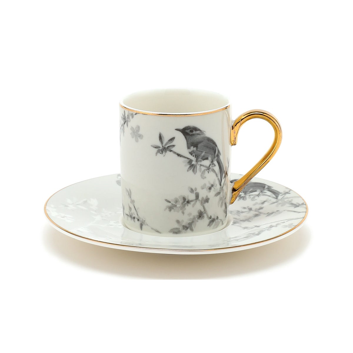 Coffee Cup 12pc set 100cc Bird Design Real Gold Handle and Rim