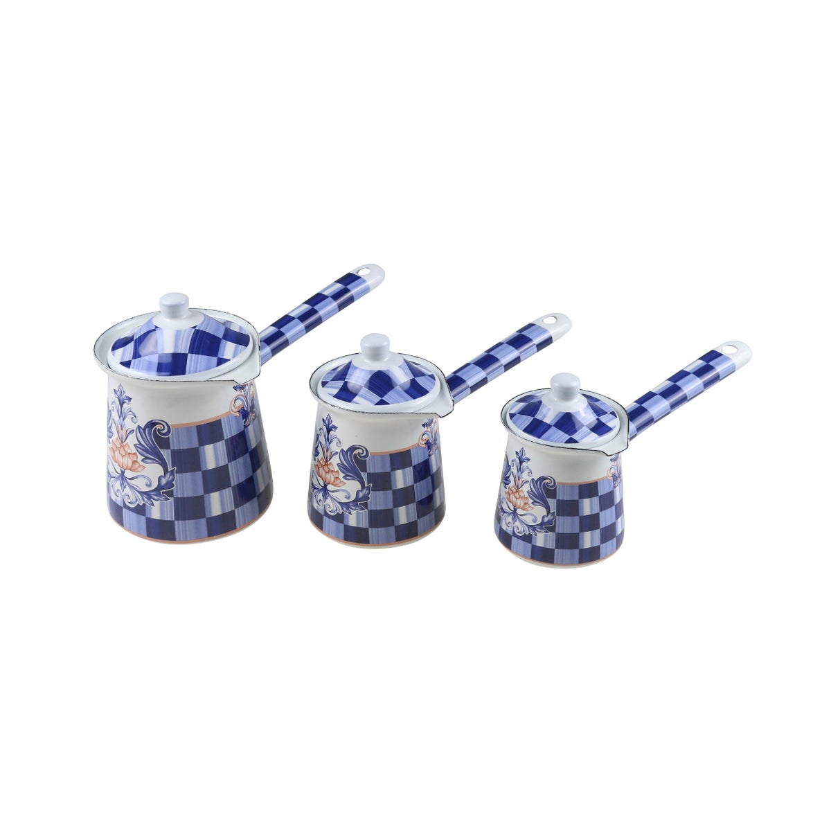 3pc Enamel Coffee Warmer Set Blue Checkered 300/400/600ml (10/13.5/20oz) with Lids