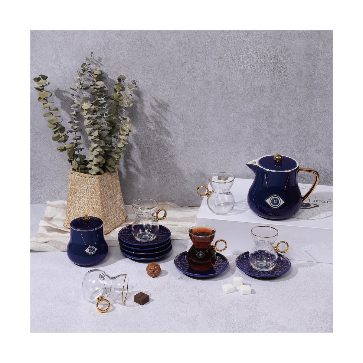 Tea Set 14pc Evil Eye Blue Bone China