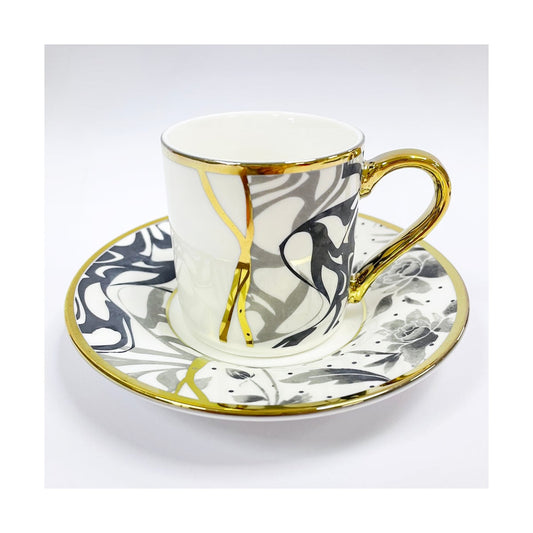 Coffee Cups 12pc Set Bone China 100cc 2 tone Marble