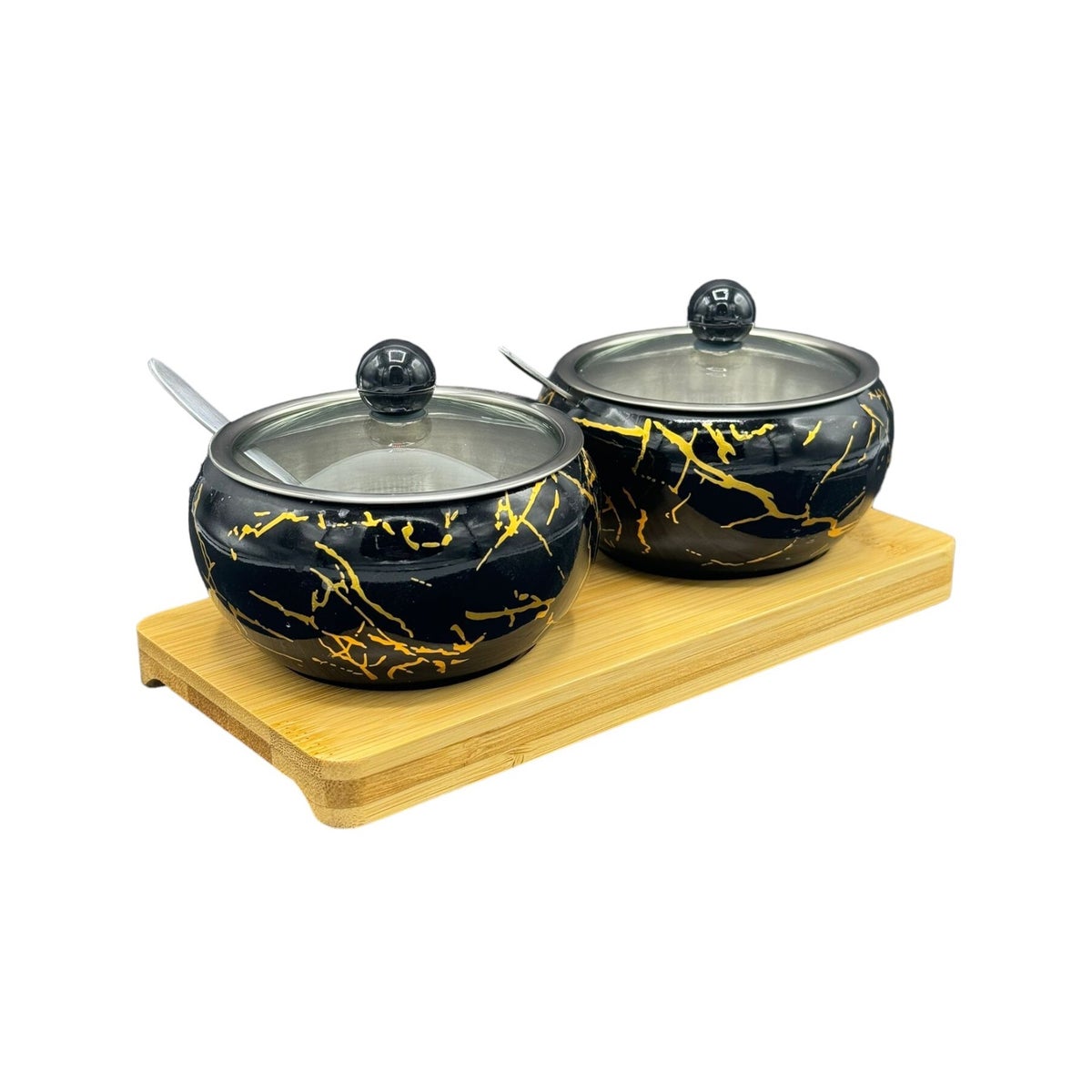 Sugar Jar 2Pc and a stand w/spoon MarbleBlack